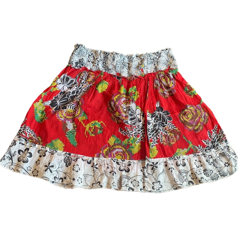 Chaudry KC Red, Black and White Floral Skirt with Ruffle Detail